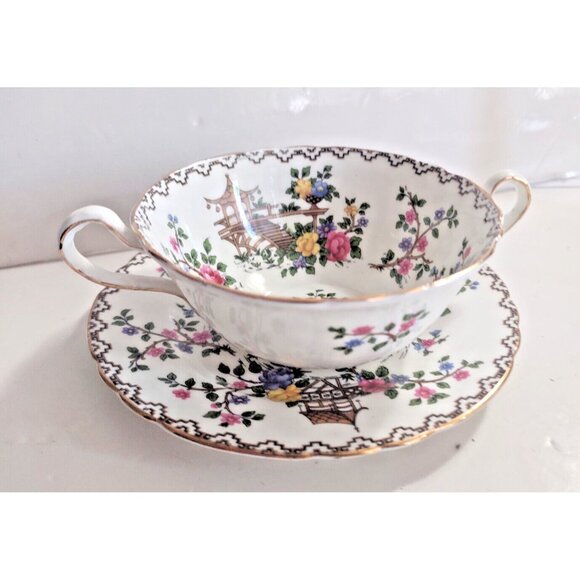 Aynsley England  Pagoda Pattern by John Aynsley Double HANDLE Soup Sets (2) - Picture 4 of 16